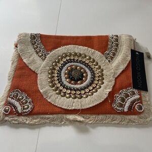 Indigo Moon Tan and Orange  Boho Beaded Purse Hang Bag NEW